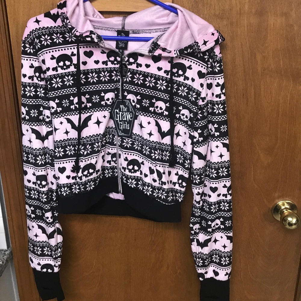 Dolls Kill Deck The Skulls Pink Black Zip Up Hoodie Grave Girls Goth Medium NWT